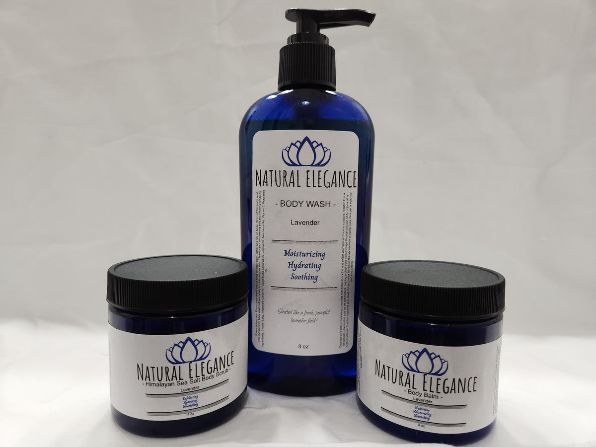 Natural Elegance Bath & Body Set featuring handmade vegan body balm, body scrub, and body wash