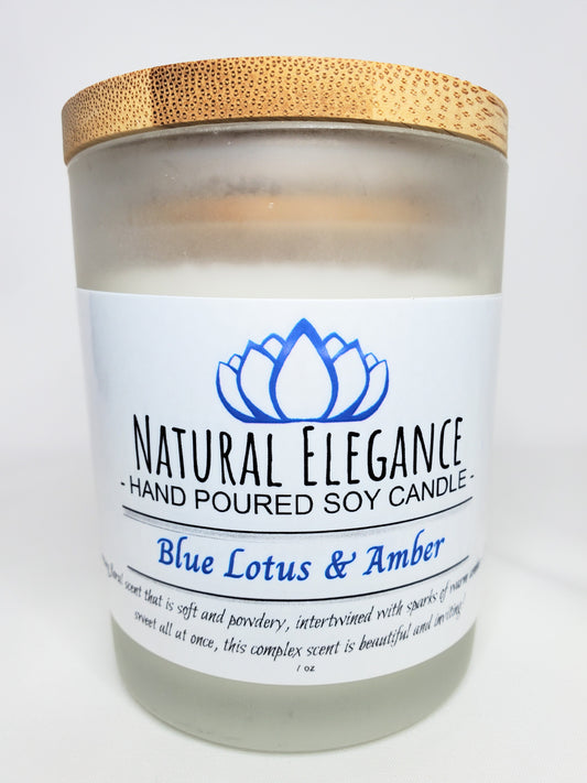 Natural Elegance Blue Lotus Amber soy candle with a warm, inviting fragrance