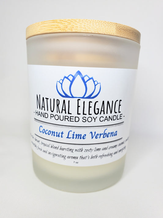Natural Elegance Coconut Lime Verbena soy wax candle with a fresh, tropical citrus fragrance