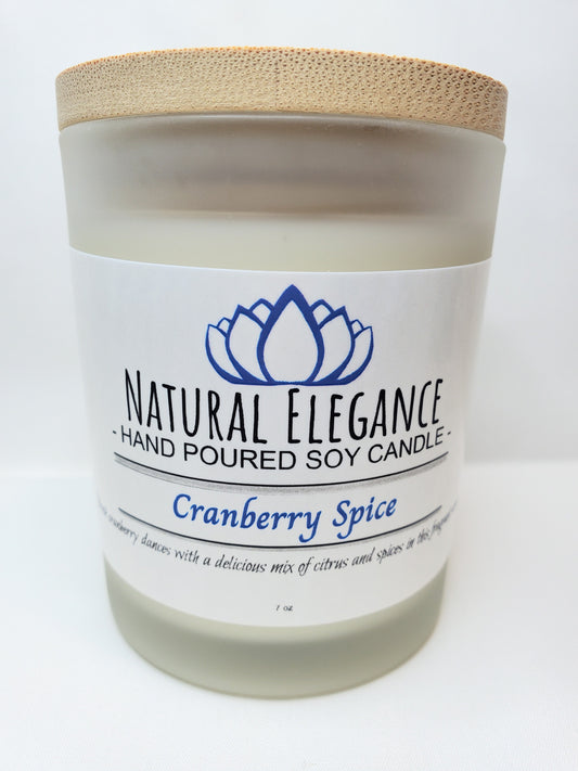 Natural Elegance Cranberry Spice soy candle with a festive, fruity cranberry and warm spice fragrance