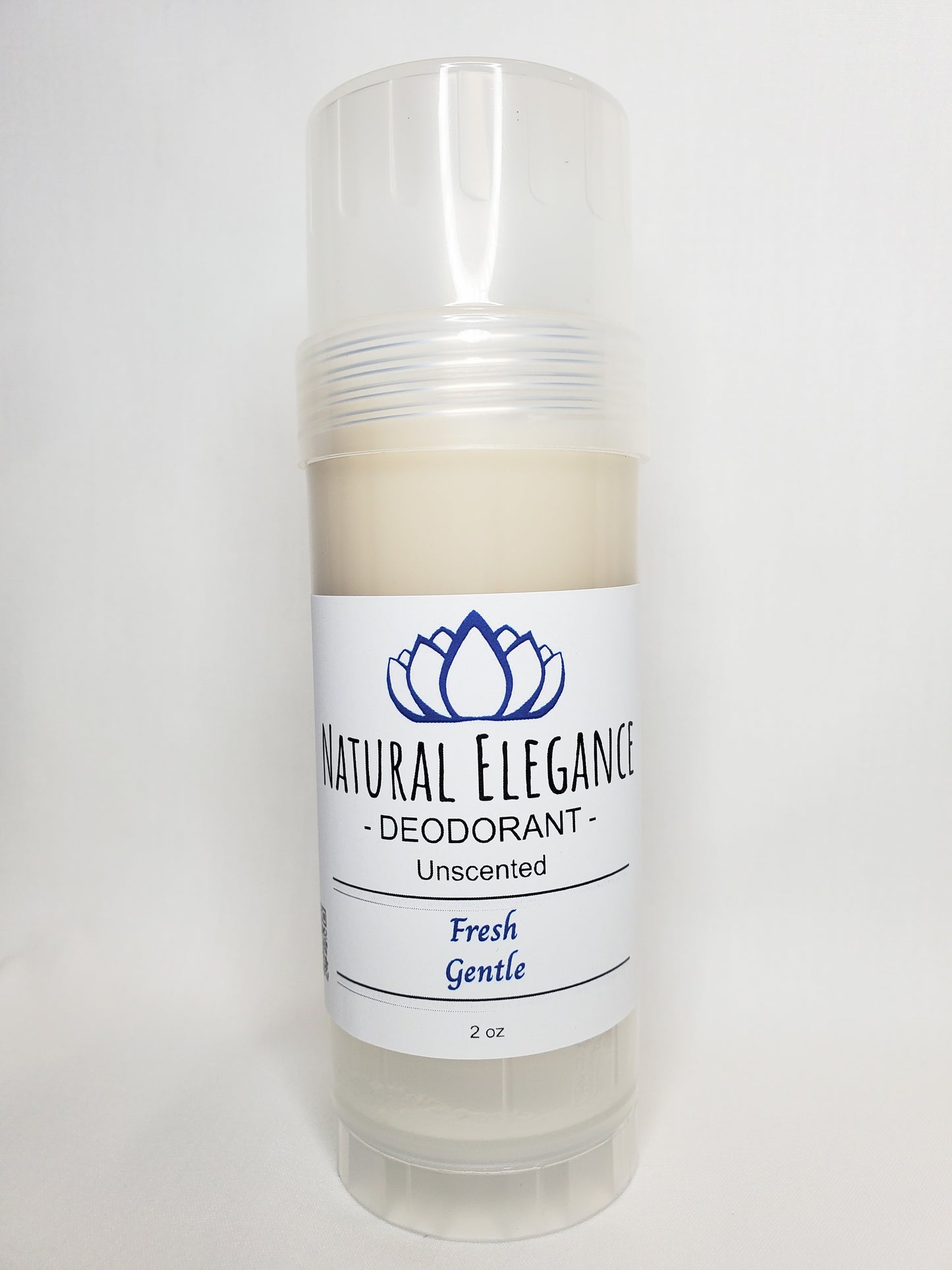 Natural Elegance Unscented Natural Deodorant in a white container, vegan and aluminum-free with no added fragrance.