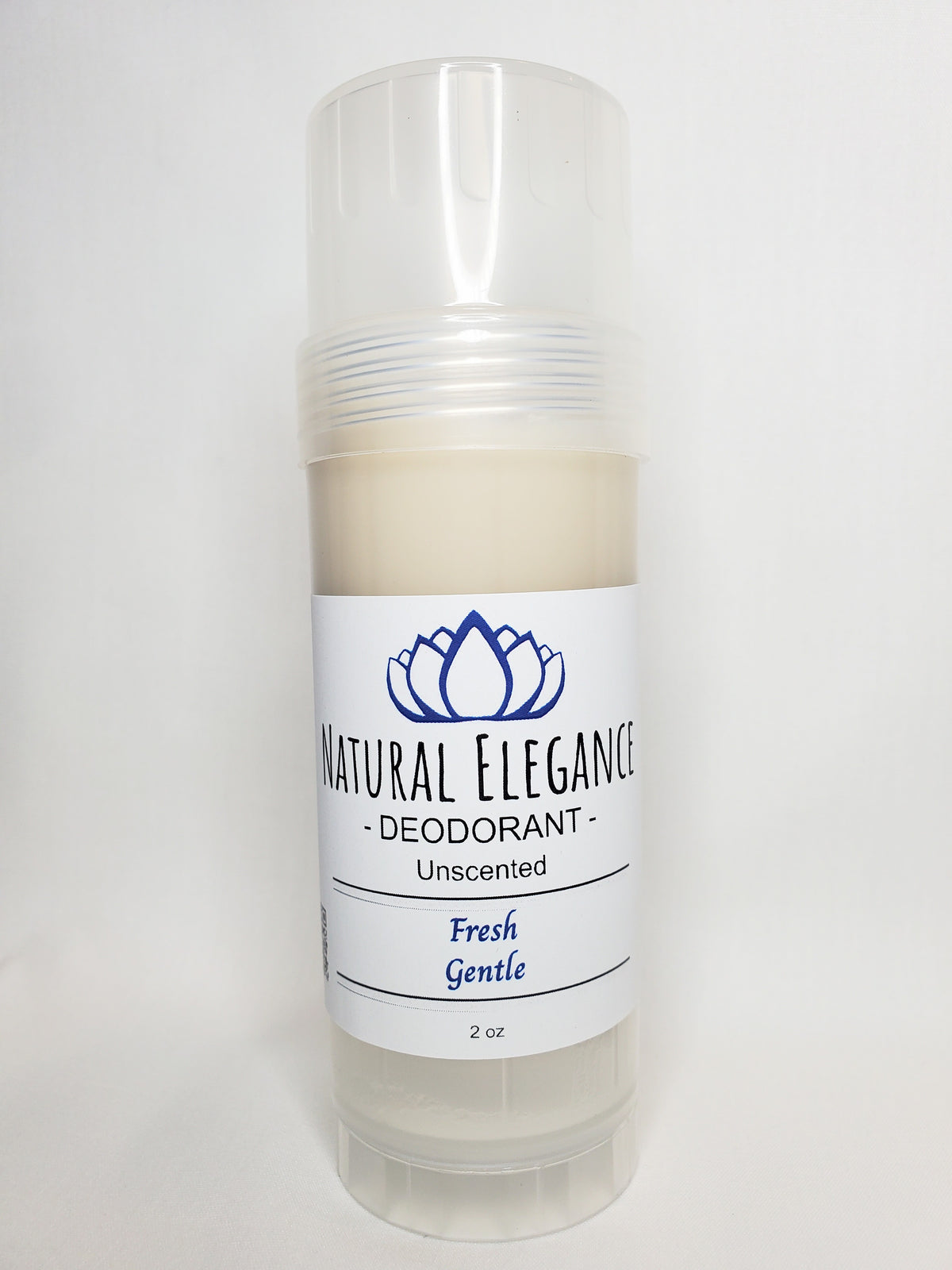 Natural Elegance Unscented Natural Deodorant in a white container, vegan and aluminum-free with no added fragrance.