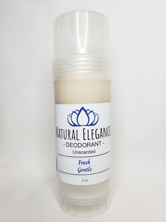 Natural Elegance Unscented Natural Deodorant in a white container, vegan and aluminum-free with no added fragrance.